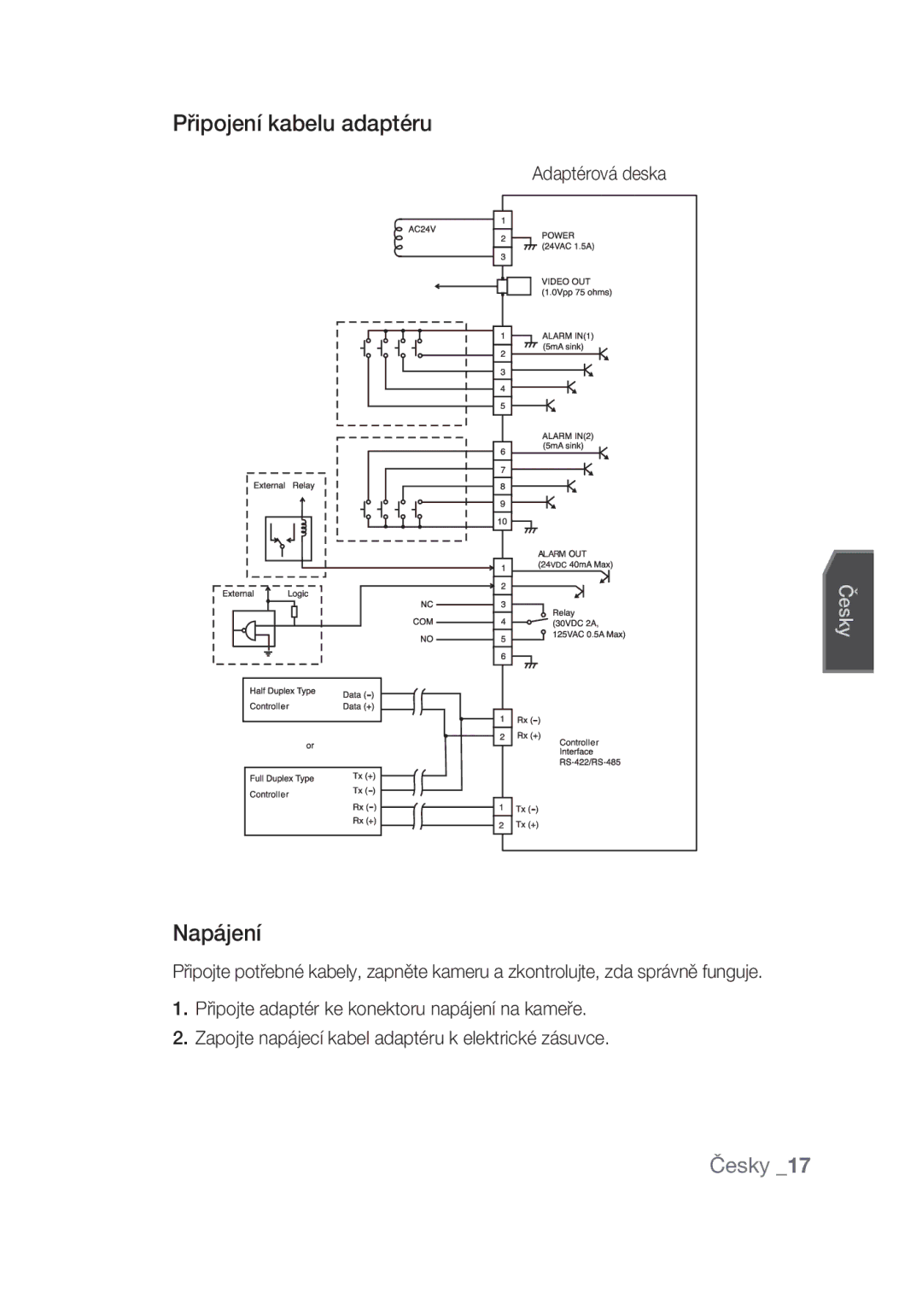 Samsung SCC-C6439N, SCC-C6439P manual Připojení kabelu adaptéru, Napájení, Adaptérová deska 