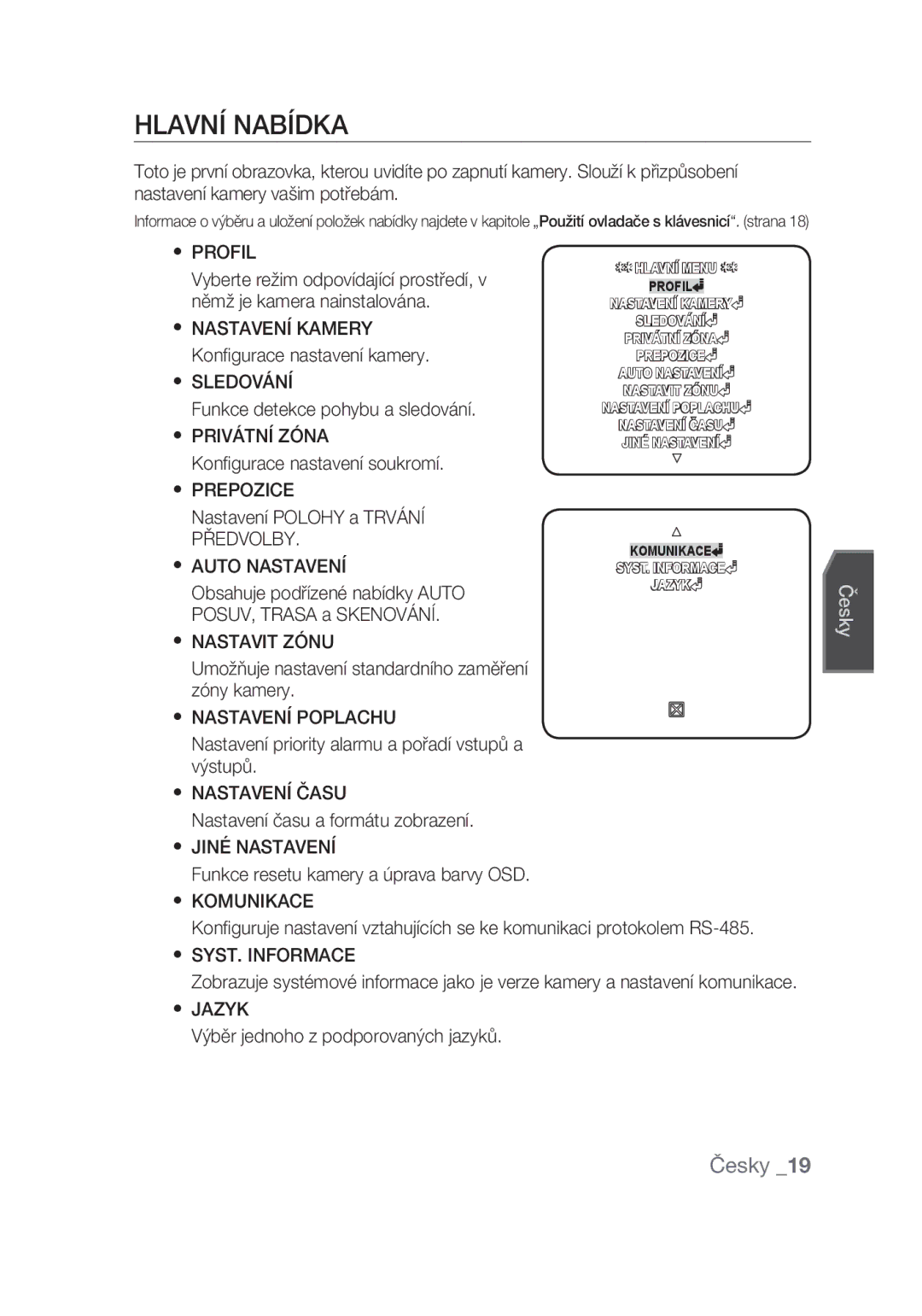 Samsung SCC-C6439N, SCC-C6439P manual Hlavní nabídka 