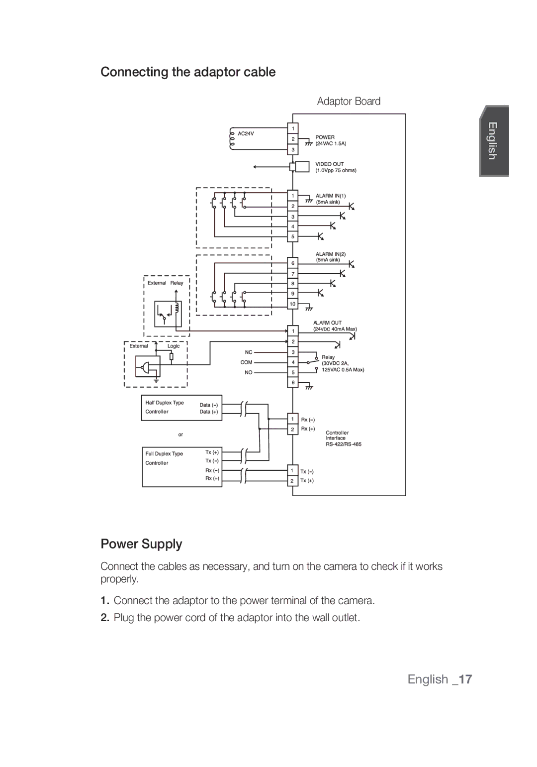 Samsung SCC-C6439N, SCC-C6439P manual Connecting the adaptor cable, Power Supply, Adaptor Board 