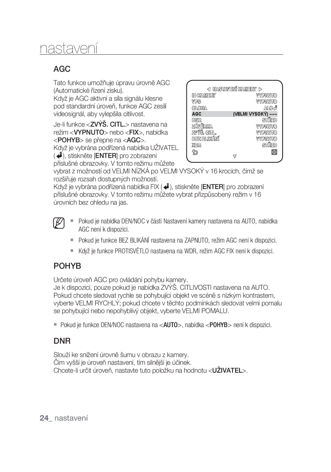 Samsung SCC-C6439P, SCC-C6439N manual Pohyb, Určete úroveň AGC pro ovládání pohybu kamery 