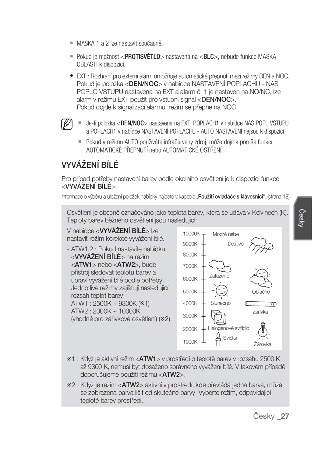 Samsung SCC-C6439N, SCC-C6439P manual Vyvážení Bílé, Pokud dojde k signalizaci alarmu, režim se přepne na NOC 