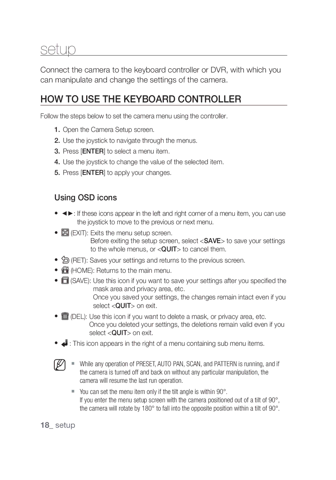 Samsung SCC-C6439P Setup, How to use the keyboard controller, Using OSD icons, Camera will resume the last run operation 