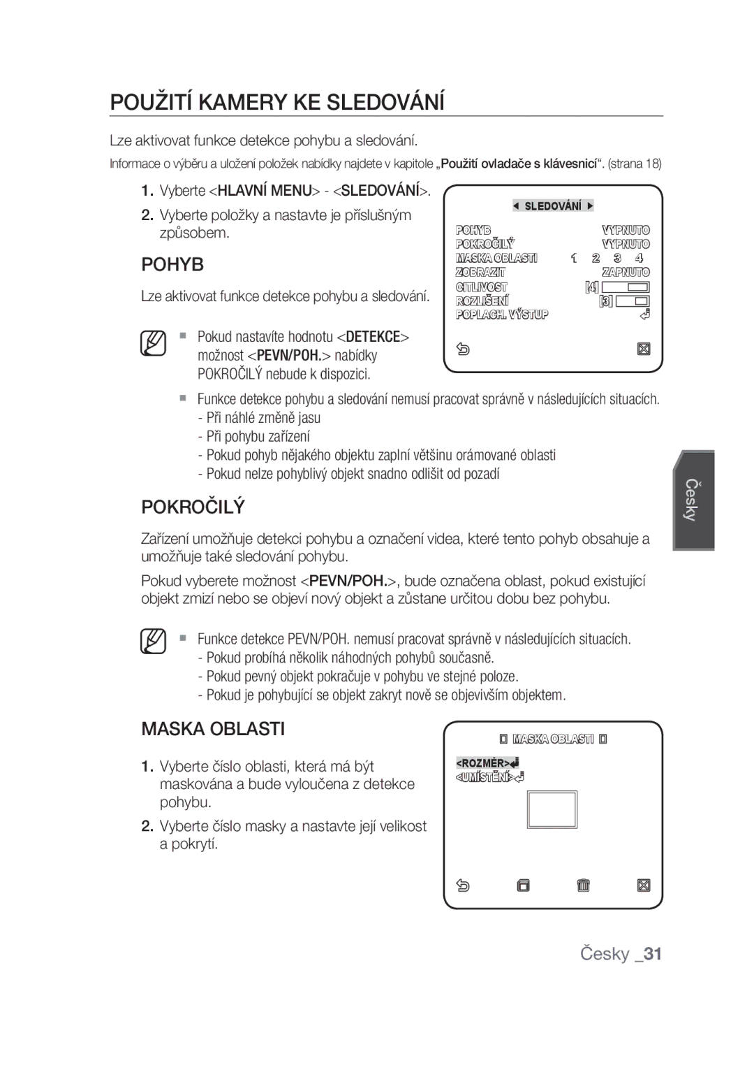 Samsung SCC-C6439N, SCC-C6439P manual Použití kamery ke sledování, Pokročilý, Maska Oblasti 