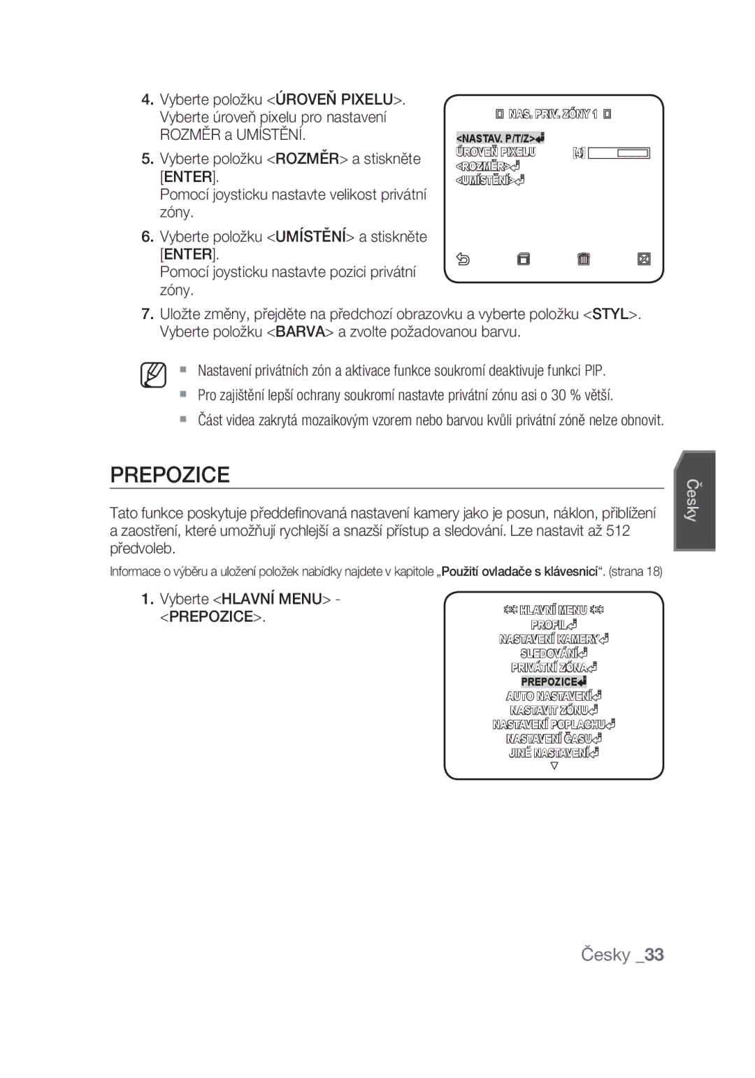 Samsung SCC-C6439N, SCC-C6439P manual Prepozice, Vyberte Hlavní Menu 