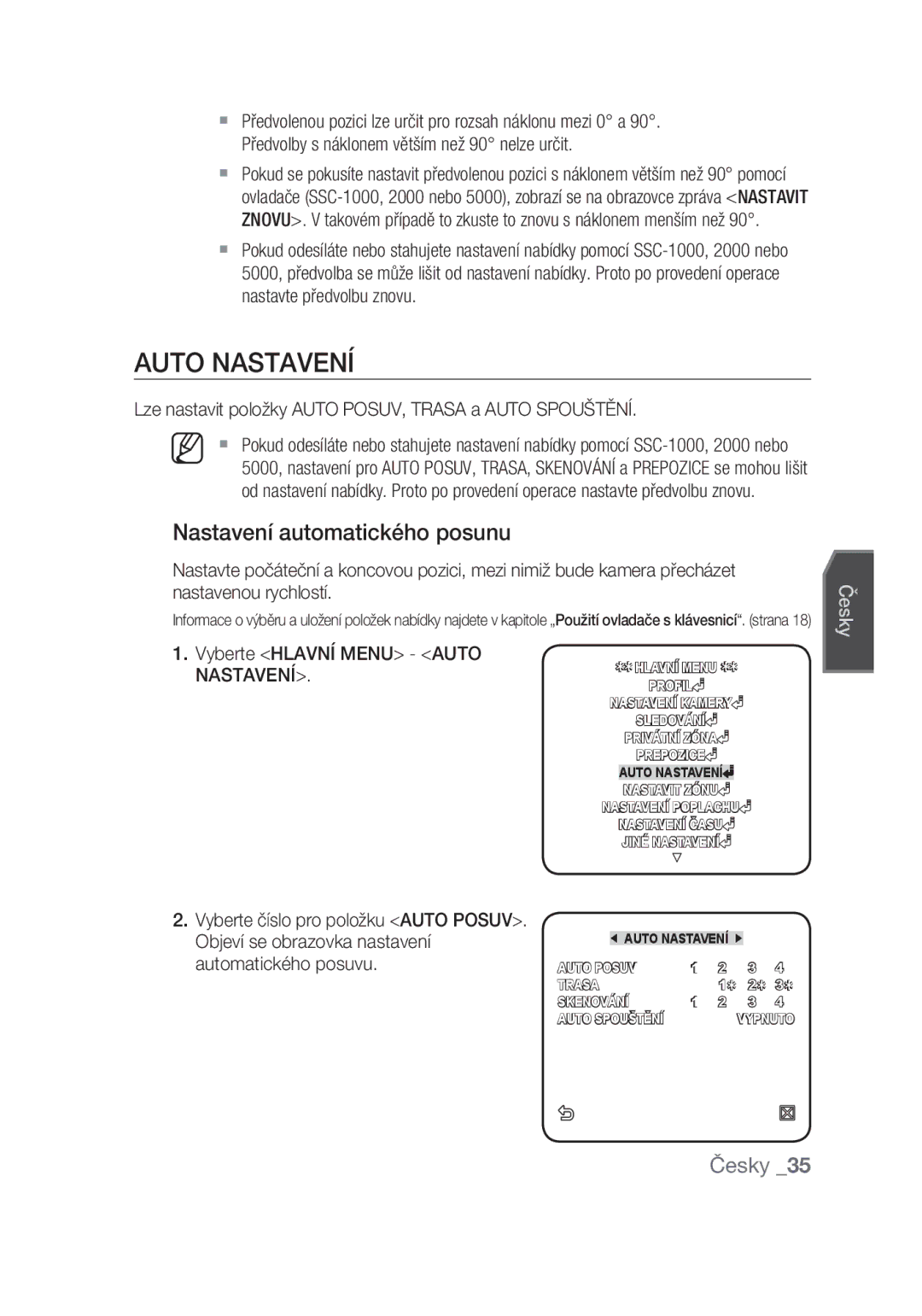 Samsung SCC-C6439N Auto Nastavení, Nastavení automatického posunu, Lze nastavit položky Auto POSUV, Trasa a Auto Spouštění 