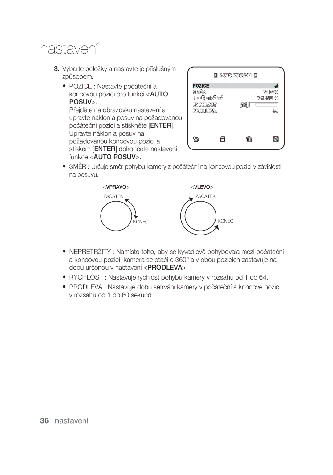 Samsung SCC-C6439P, SCC-C6439N manual Směrvlevo Nepřetržitý Vypnuto Rychlost Prodleva 