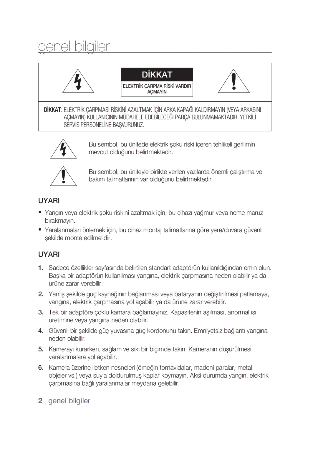 Samsung SCC-C6439P, SCC-C6439N manual Genel bilgiler, Uyari,  genel bilgiler 