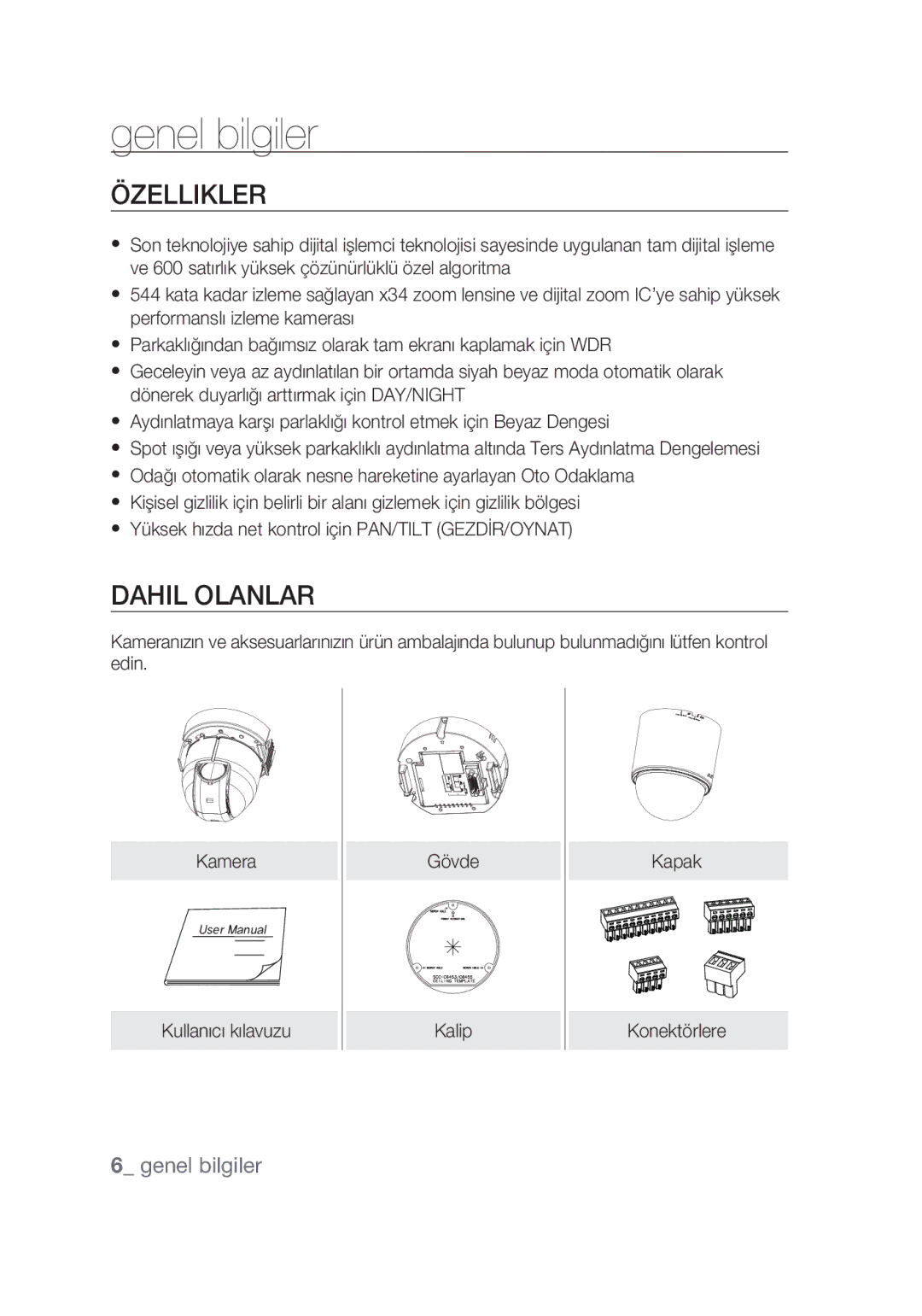 Samsung SCC-C6439P, SCC-C6439N manual Özellikler, Dahil Olanlar 