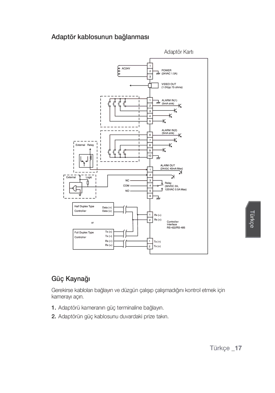 Samsung SCC-C6439N, SCC-C6439P manual Adaptör kablosunun bağlanması, Güç Kaynağı, Adaptör Kartı 