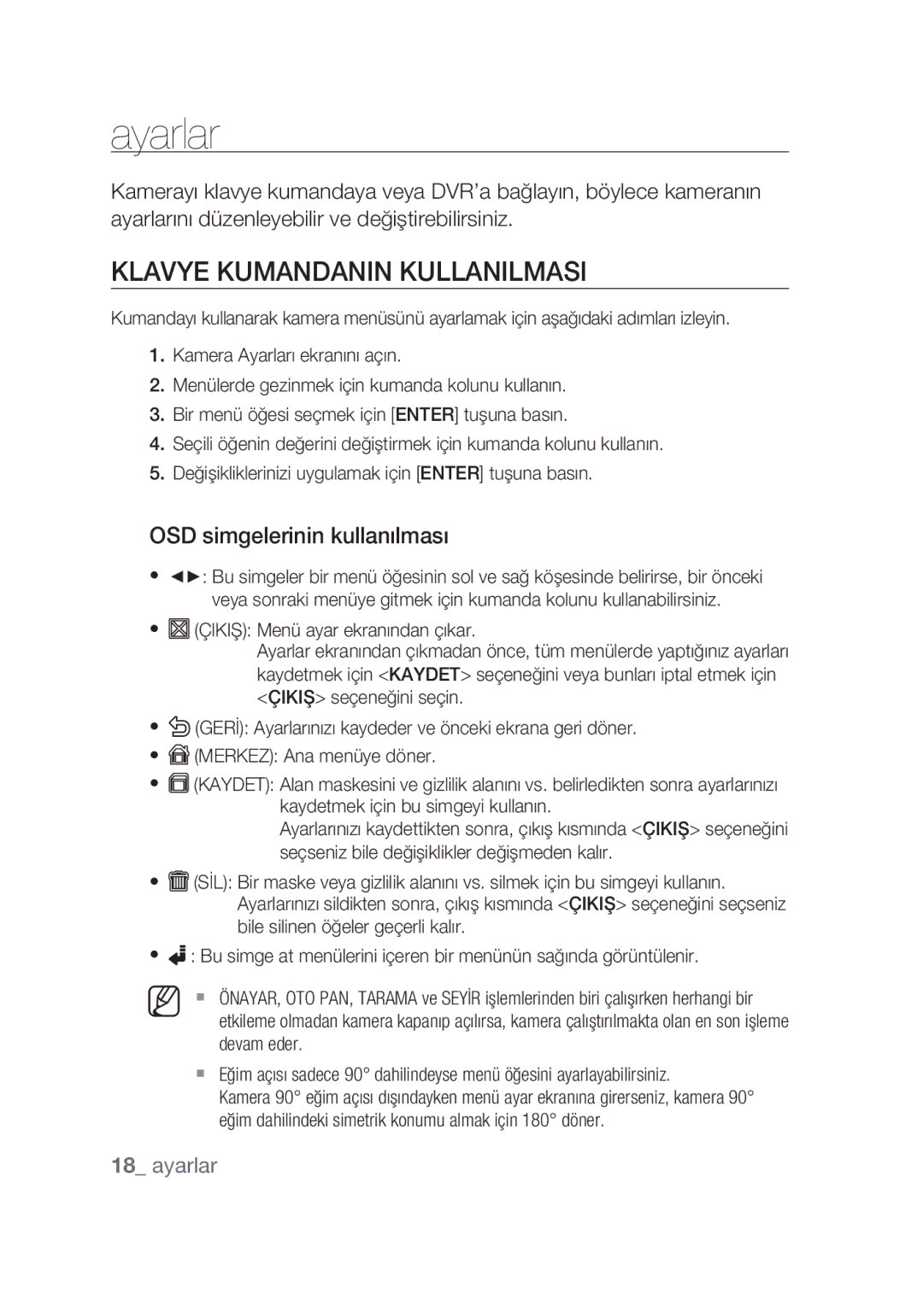 Samsung SCC-C6439P, SCC-C6439N manual Ayarlar, Klavye kumandanın kullanılması, OSD simgelerinin kullanılması 