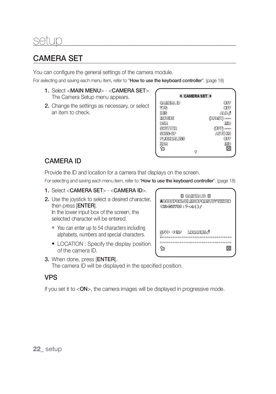 Samsung SCC-C6439P, SCC-C6439N Camera SET, Camera ID, Vps, You can configure the general settings of the camera module 