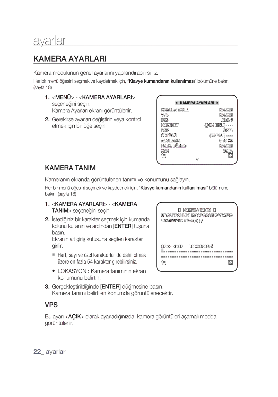 Samsung SCC-C6439P, SCC-C6439N manual Kamera Ayarlari, Kamera Tanim, Kamera modülünün genel ayarlarını yapılandırabilirsiniz 