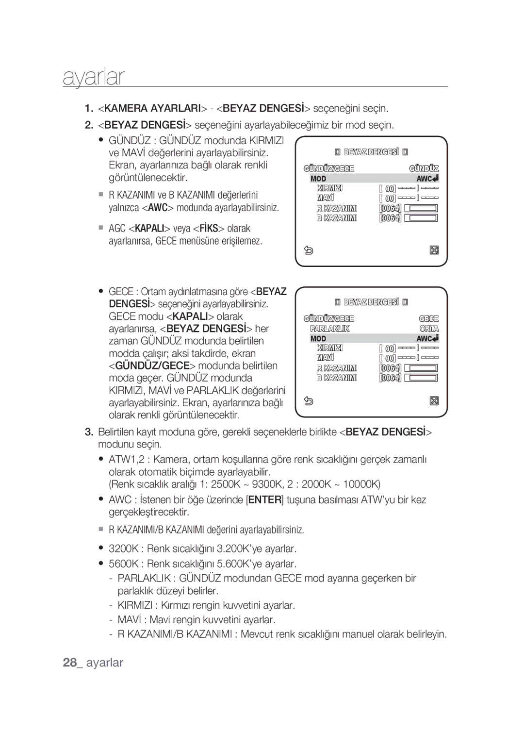 Samsung SCC-C6439P manual Gece modu Kapali olarak, Zaman Gündüz modunda belirtilen, Modda çalışır aksi takdirde, ekran 