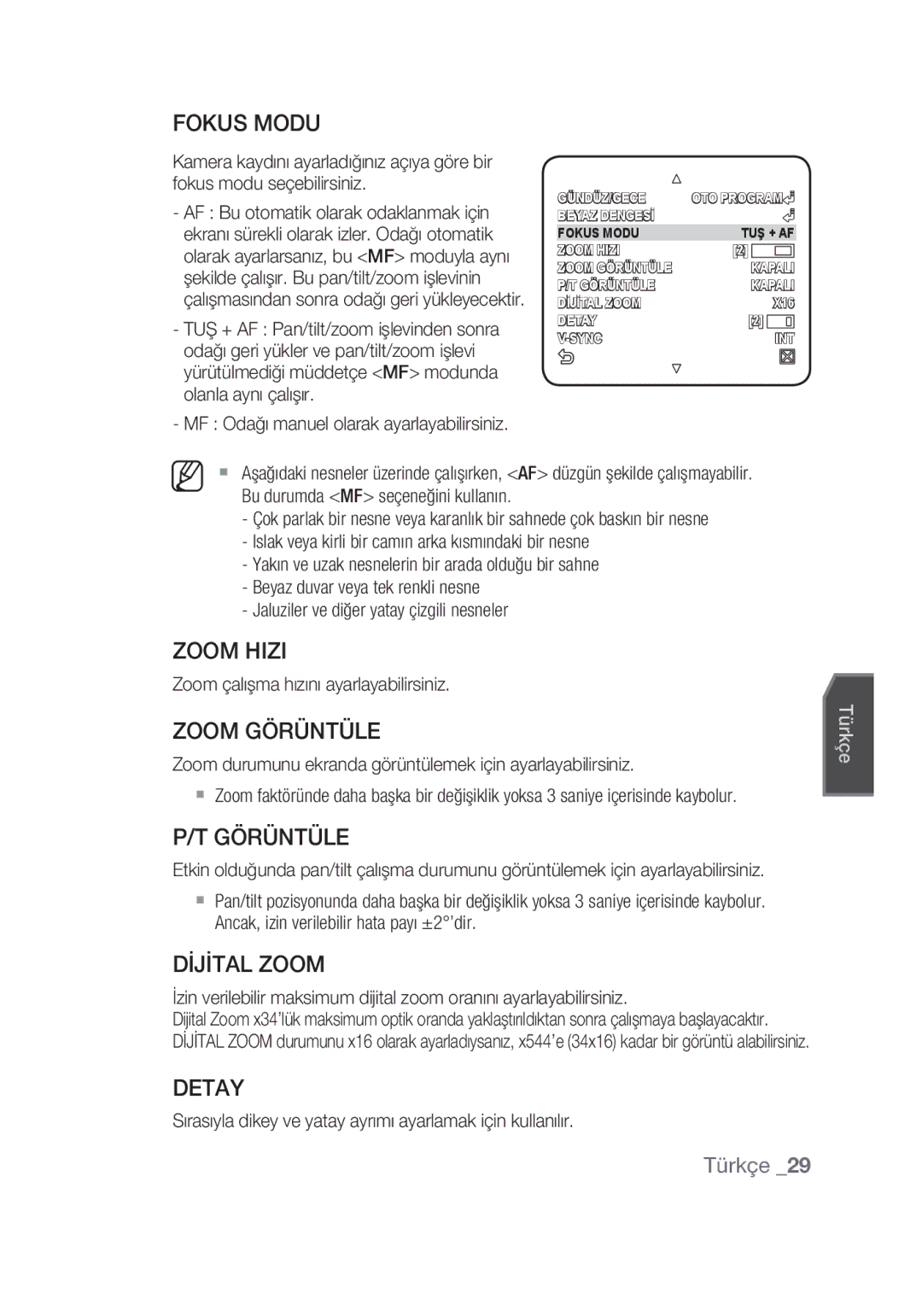 Samsung SCC-C6439N, SCC-C6439P manual Zoom Hizi, Zoom Görüntüle, Dİjİtal Zoom, Detay 