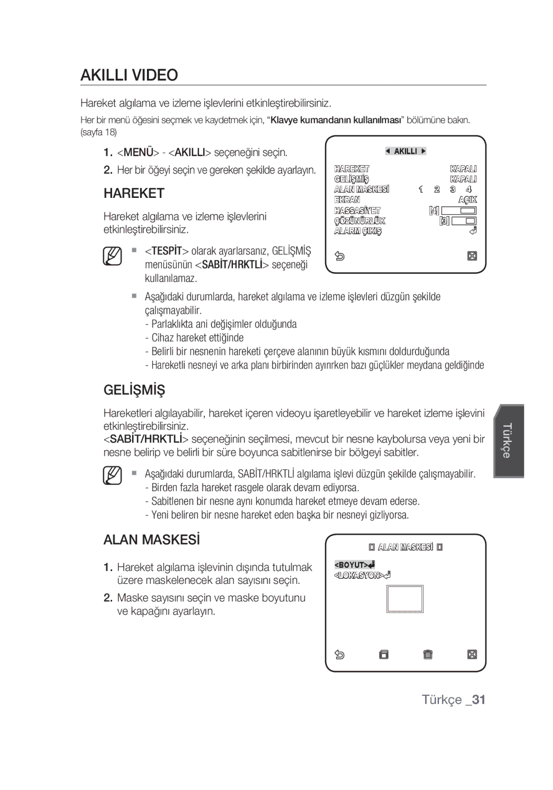 Samsung SCC-C6439N, SCC-C6439P manual Akıllı Video, Gelİşmİş, Alan Maskesİ 