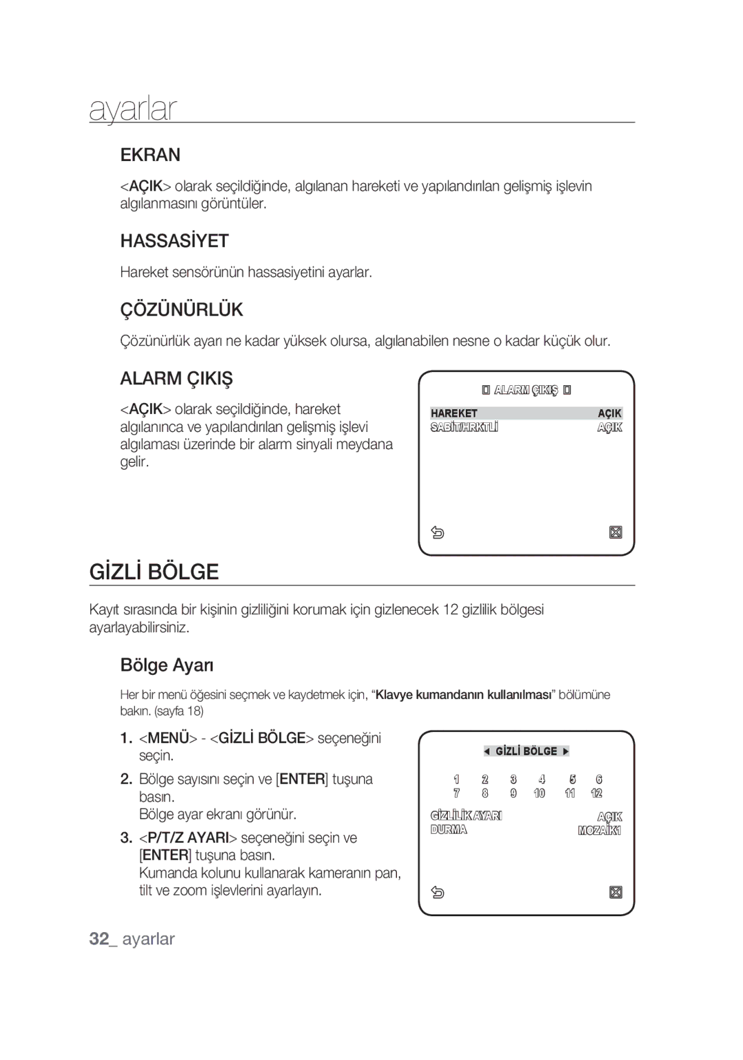 Samsung SCC-C6439P, SCC-C6439N manual Gİzlİ Bölge, Ekran, Hassasİyet, Çözünürlük, Alarm Çikiş 