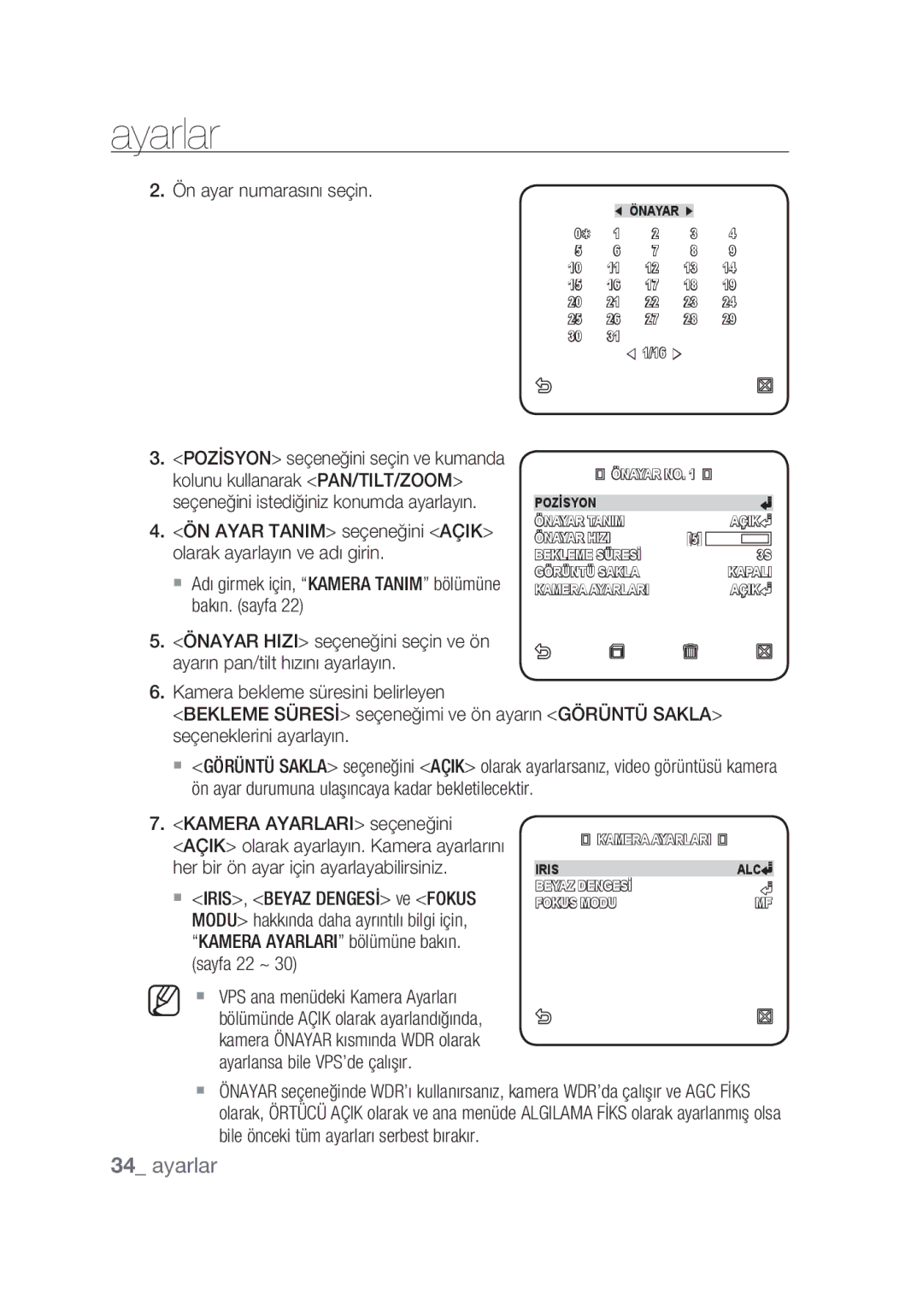 Samsung SCC-C6439P, SCC-C6439N Kolunu kullanarak PAN/TILT/ZOOM, Seçeneğini istediğiniz konumda ayarlayın, Bakın. sayfa 