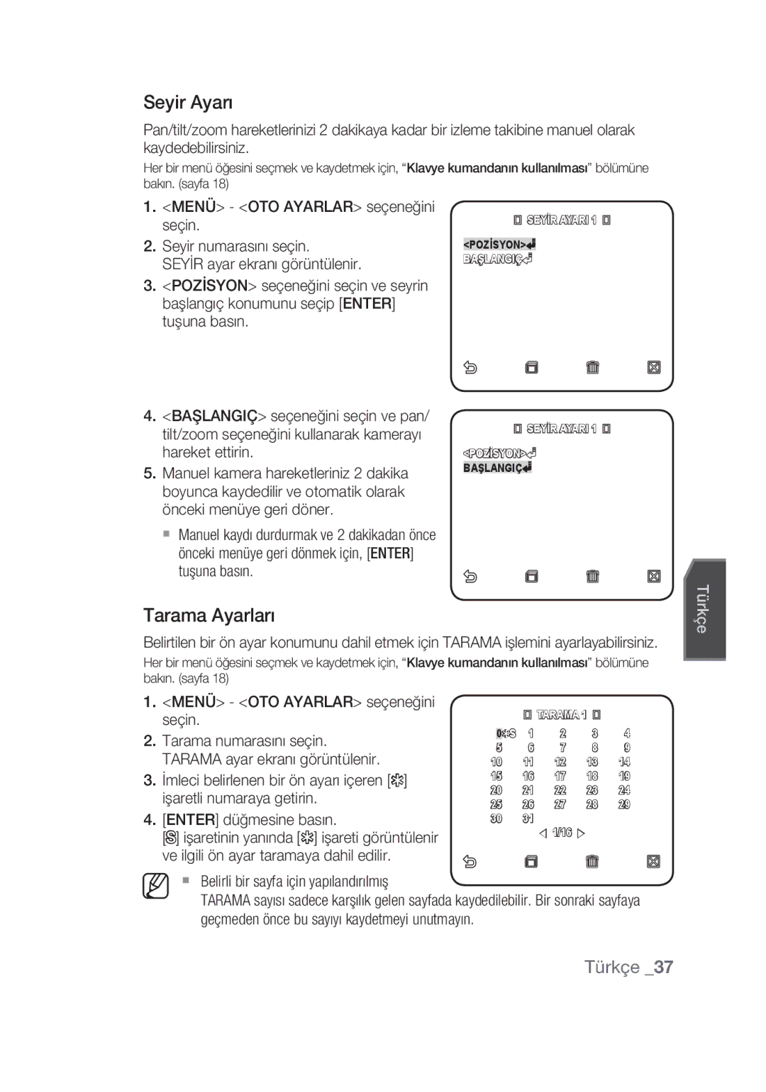 Samsung SCC-C6439N, SCC-C6439P manual Seyir Ayarı, Tarama Ayarları, Menü OTO Ayarlar seçeneğini, Tarama numarasını seçin 