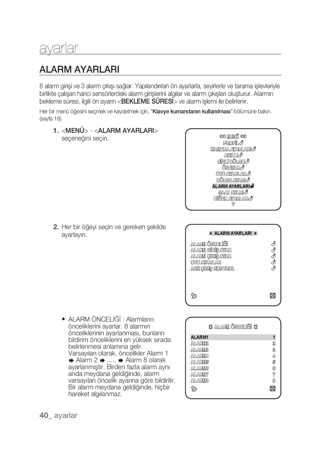 Samsung SCC-C6439P, SCC-C6439N manual Menü Alarm Ayarlari seçeneğini seçin 