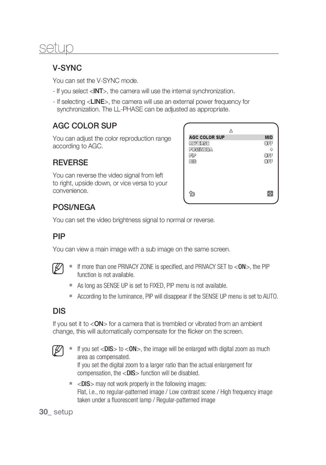 Samsung SCC-C6439P, SCC-C6439N manual Sync, AGC Color SUP, Reverse, Posi/Nega, Pip, Dis 