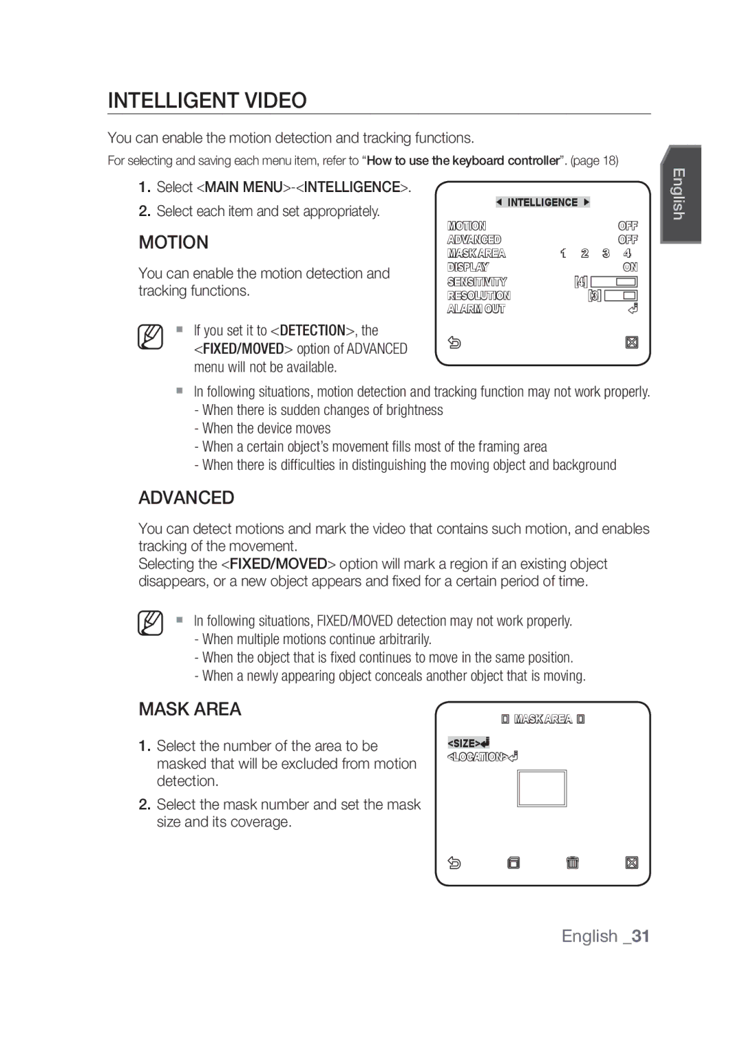 Samsung SCC-C6439N Intelligent Video, Advanced, Mask Area, You can enable the motion detection and tracking functions 