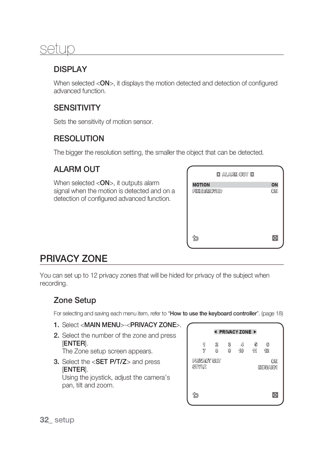 Samsung SCC-C6439P, SCC-C6439N manual Privacy Zone, Display, Sensitivity, Resolution, Alarm OUT 