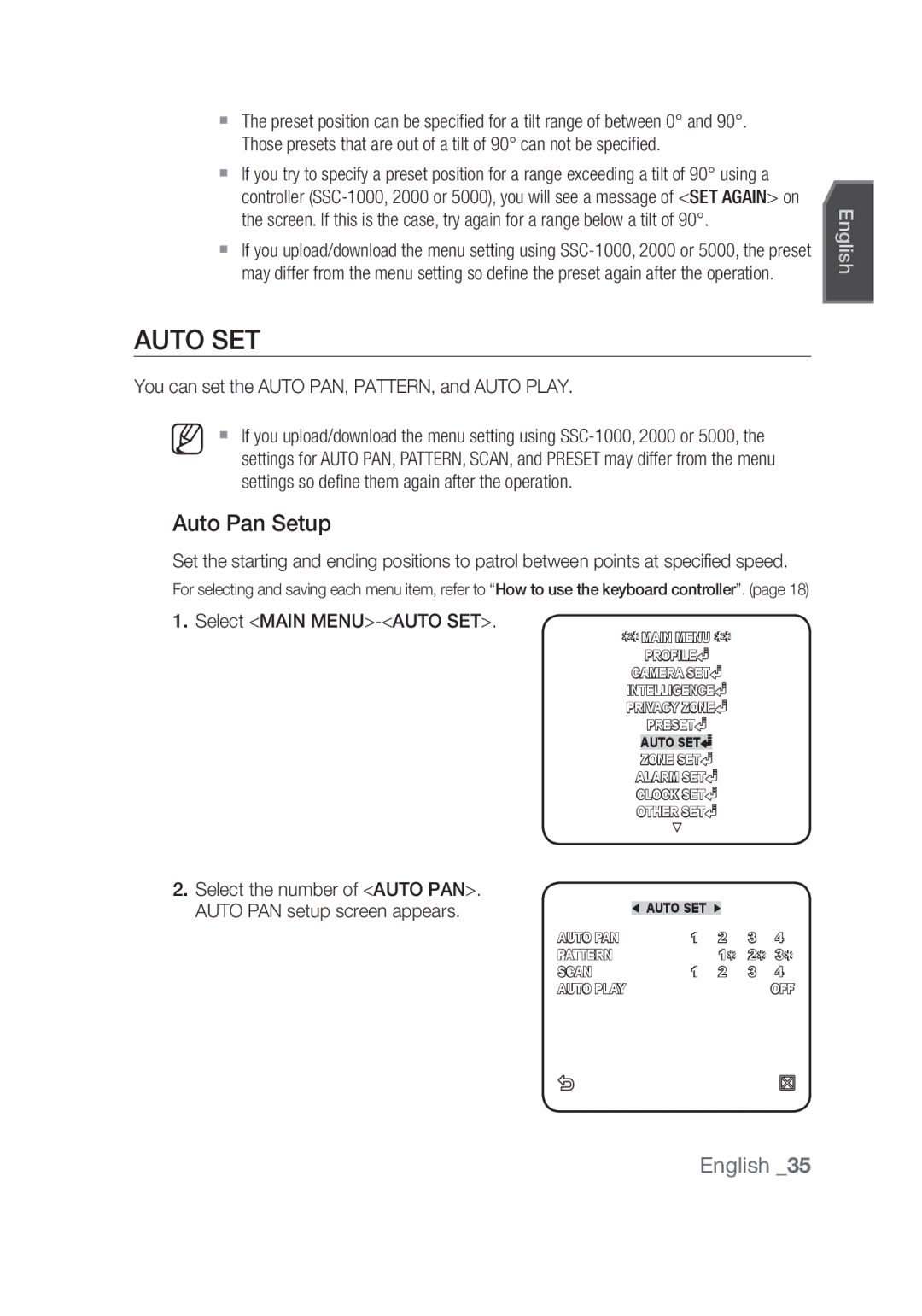 Samsung SCC-C6439N Auto SET, Auto Pan Setup, You can set the Auto PAN, PATTERN, and Auto Play, Select Main MENU-AUTO SET 