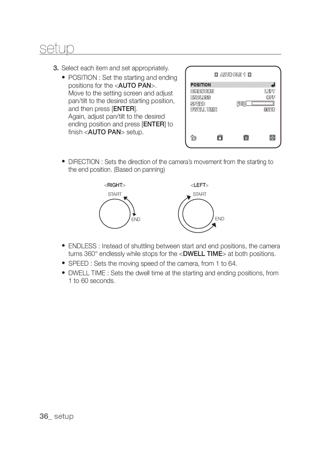 Samsung SCC-C6439P, SCC-C6439N manual Position Direction Left Endless OFF Speed 