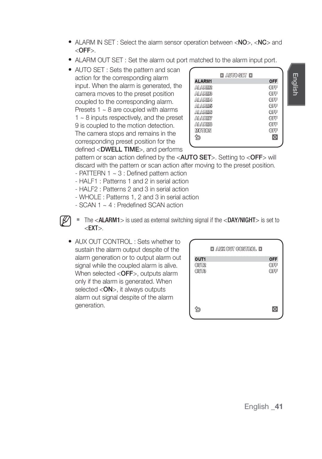 Samsung SCC-C6439N Action for the corresponding alarm, Input. When the alarm is generated, Camera stops and remains, Ext 