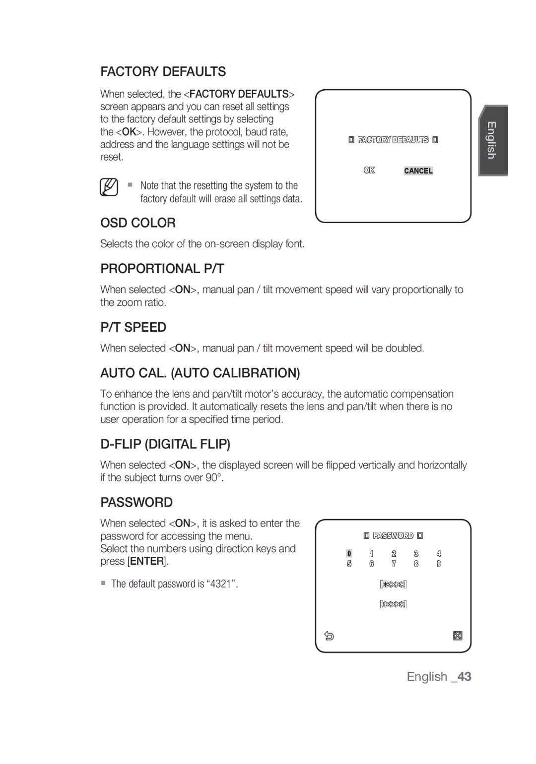 Samsung SCC-C6439N Factory Defaults, OSD Color, Proportional P/T, Speed, Auto CAL. Auto Calibration, Flip Digital Flip 