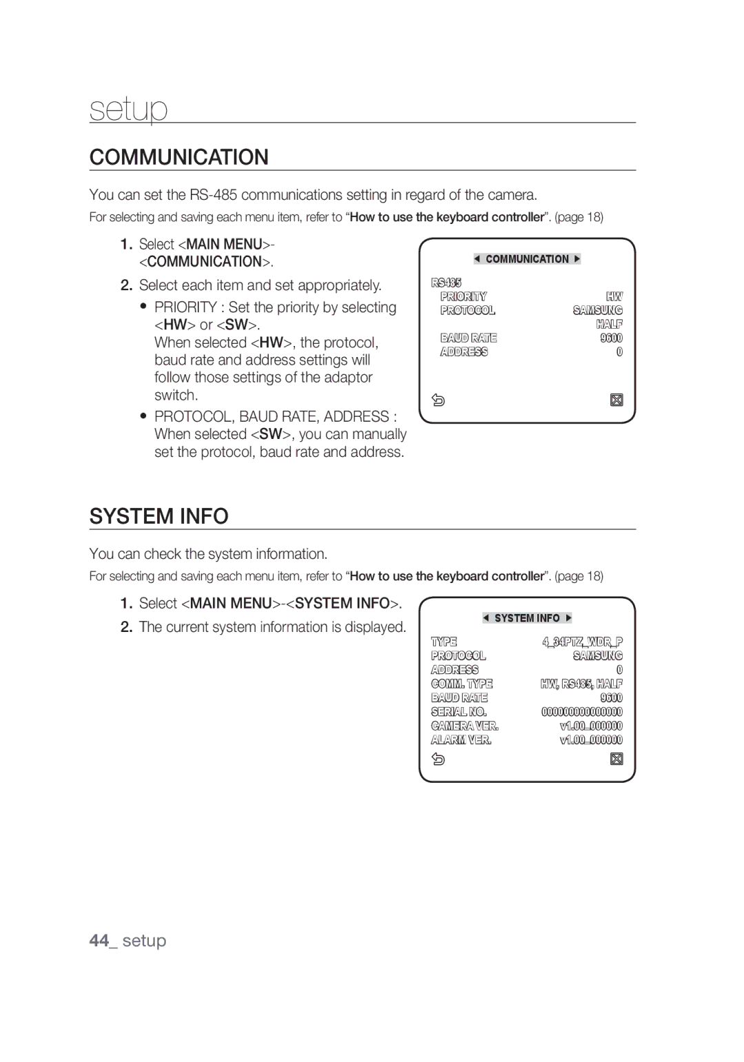 Samsung SCC-C6439P, SCC-C6439N manual Communication, System Info 