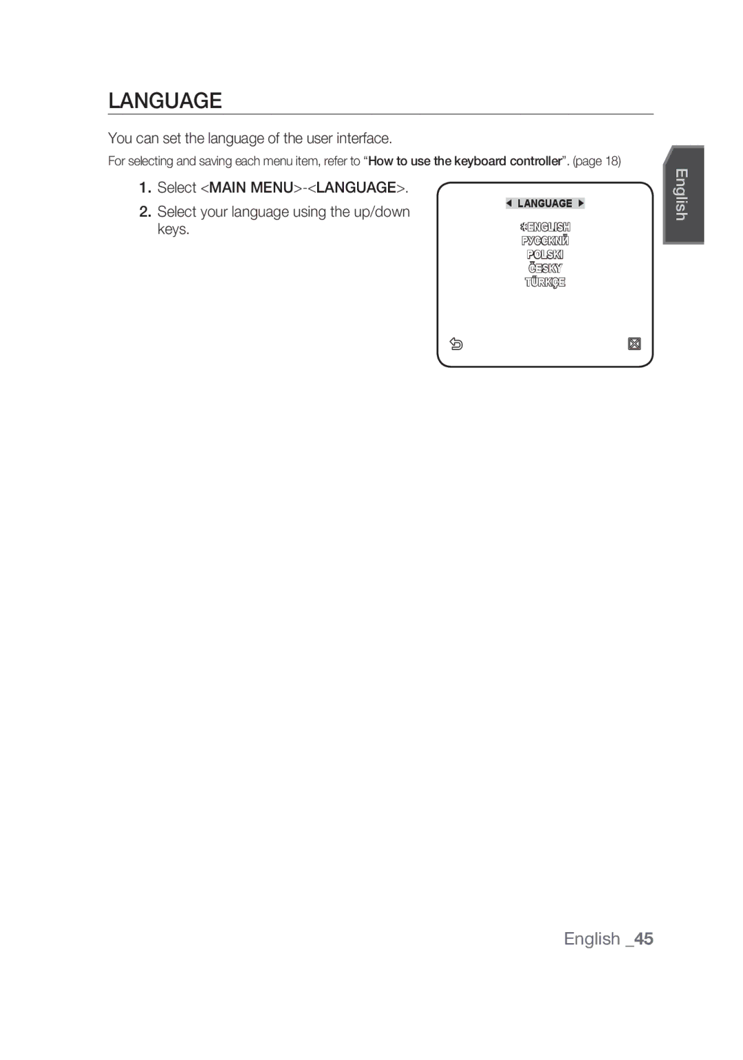 Samsung SCC-C6439N, SCC-C6439P manual Language, You can set the language of the user interface 