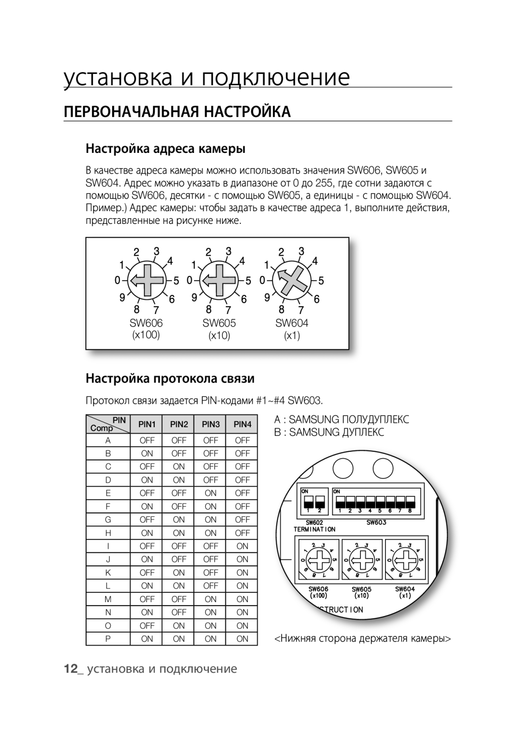 Samsung SCC-C6439P, SCC-C6439N manual Первоначальная НАСТРОйКА, Настройка адреса камеры, Настройка протокола связи 