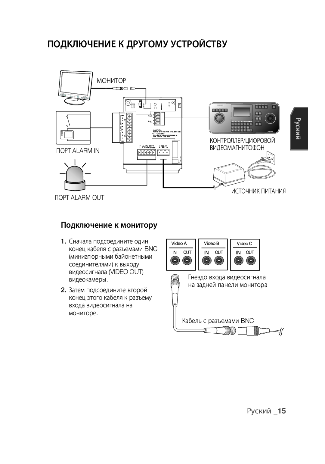 Samsung SCC-C6439N, SCC-C6439P Подключение к другому устройству, Подключение к монитору, Монитор Порт Alarm Порт Alarm OUT 