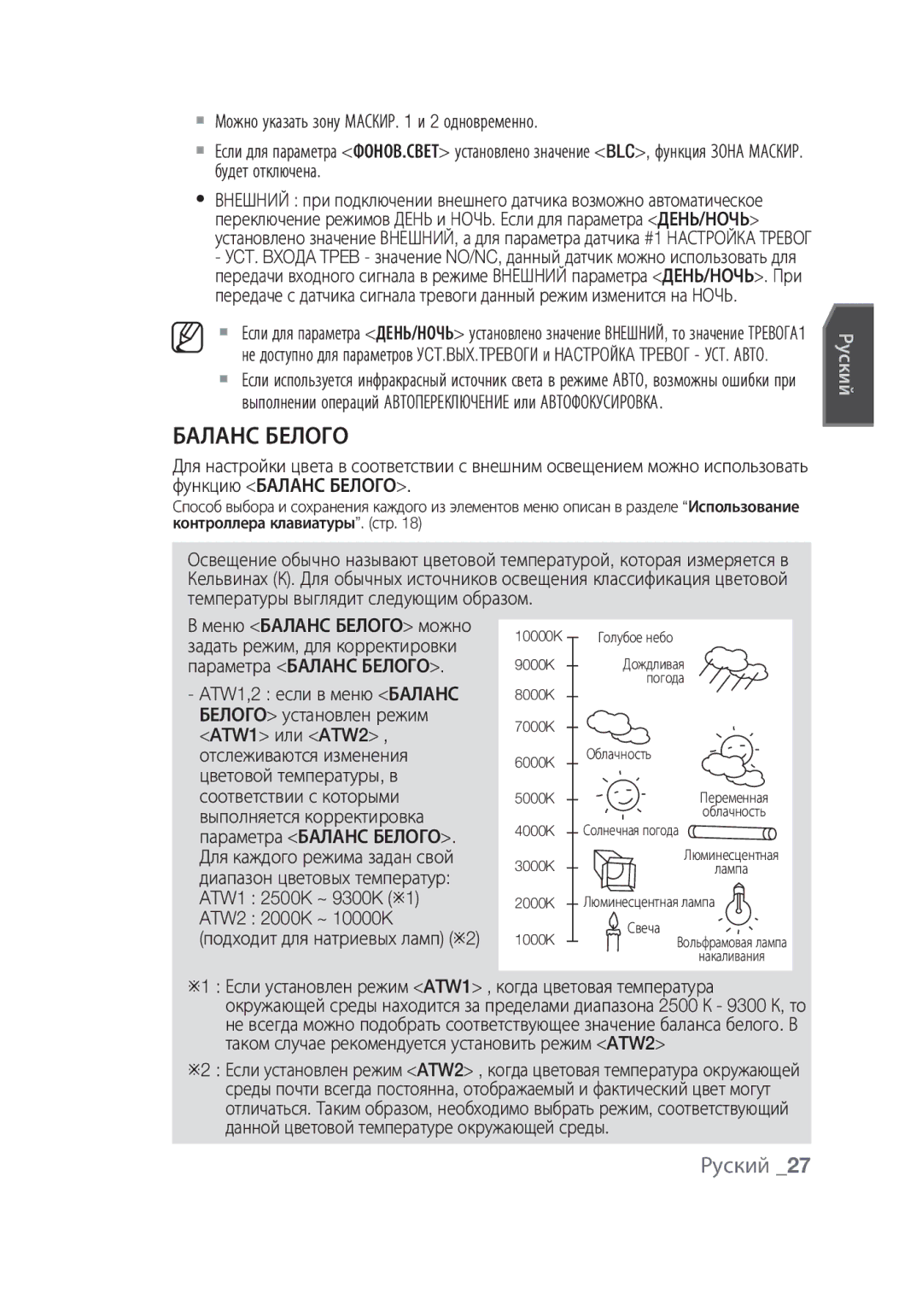 Samsung SCC-C6439N, SCC-C6439P manual Баланс Белого, ATW1 или ATW2 