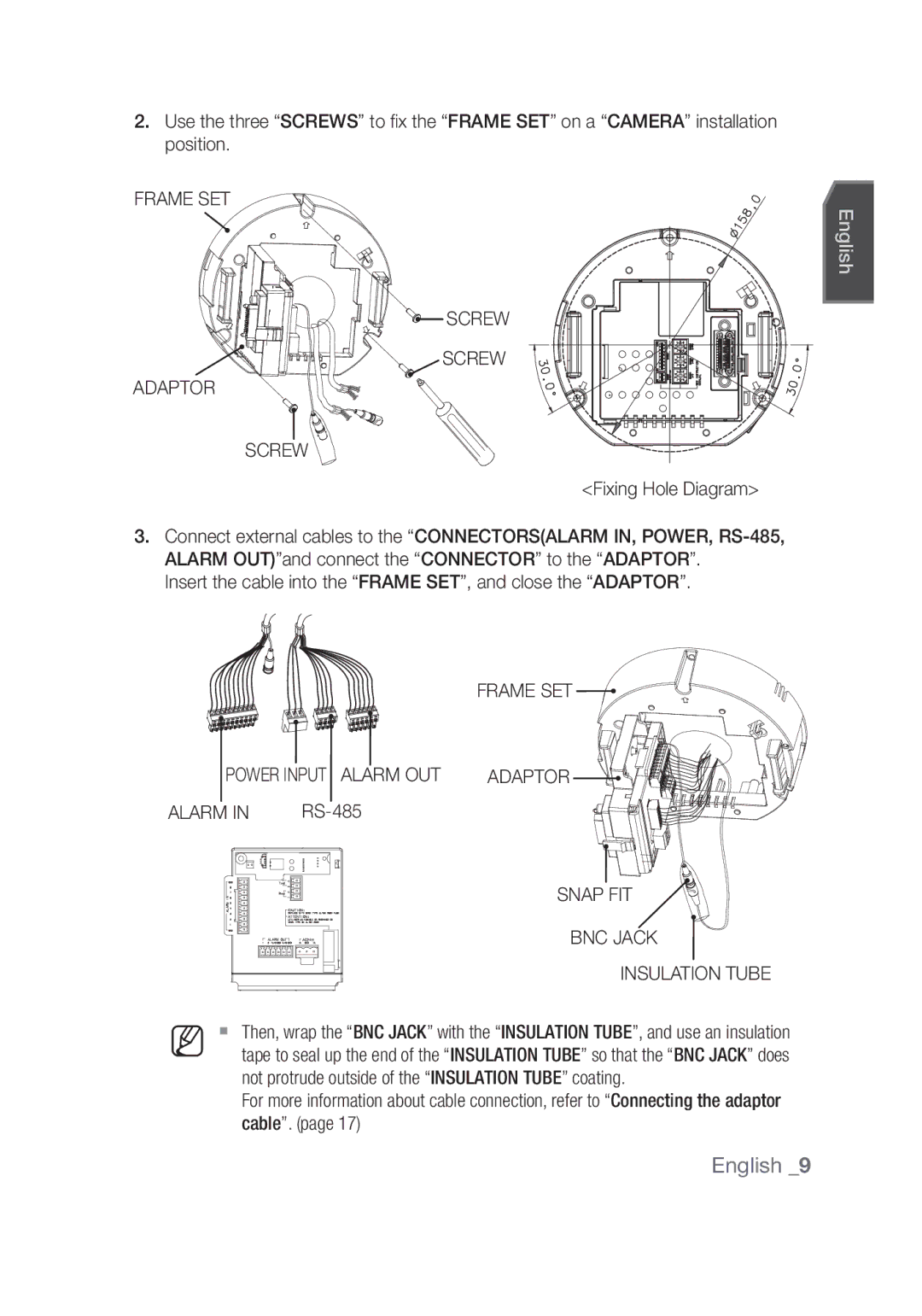 Samsung SCC-C6439N Screw Adaptor, Screw Fixing Hole Diagram, Insert the cable into the Frame SET, and close the Adaptor 