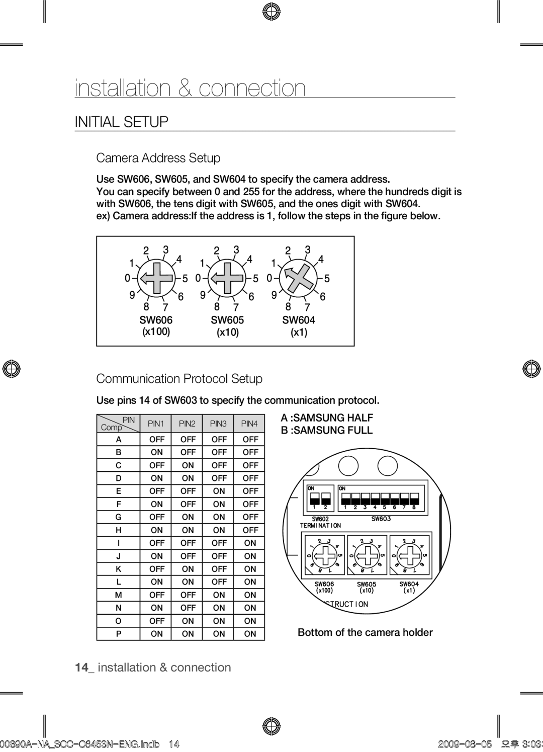 Samsung SCC-C6453N Initial Setup, Camera Address Setup, Communication Protocol Setup, Bottom of the camera holder 