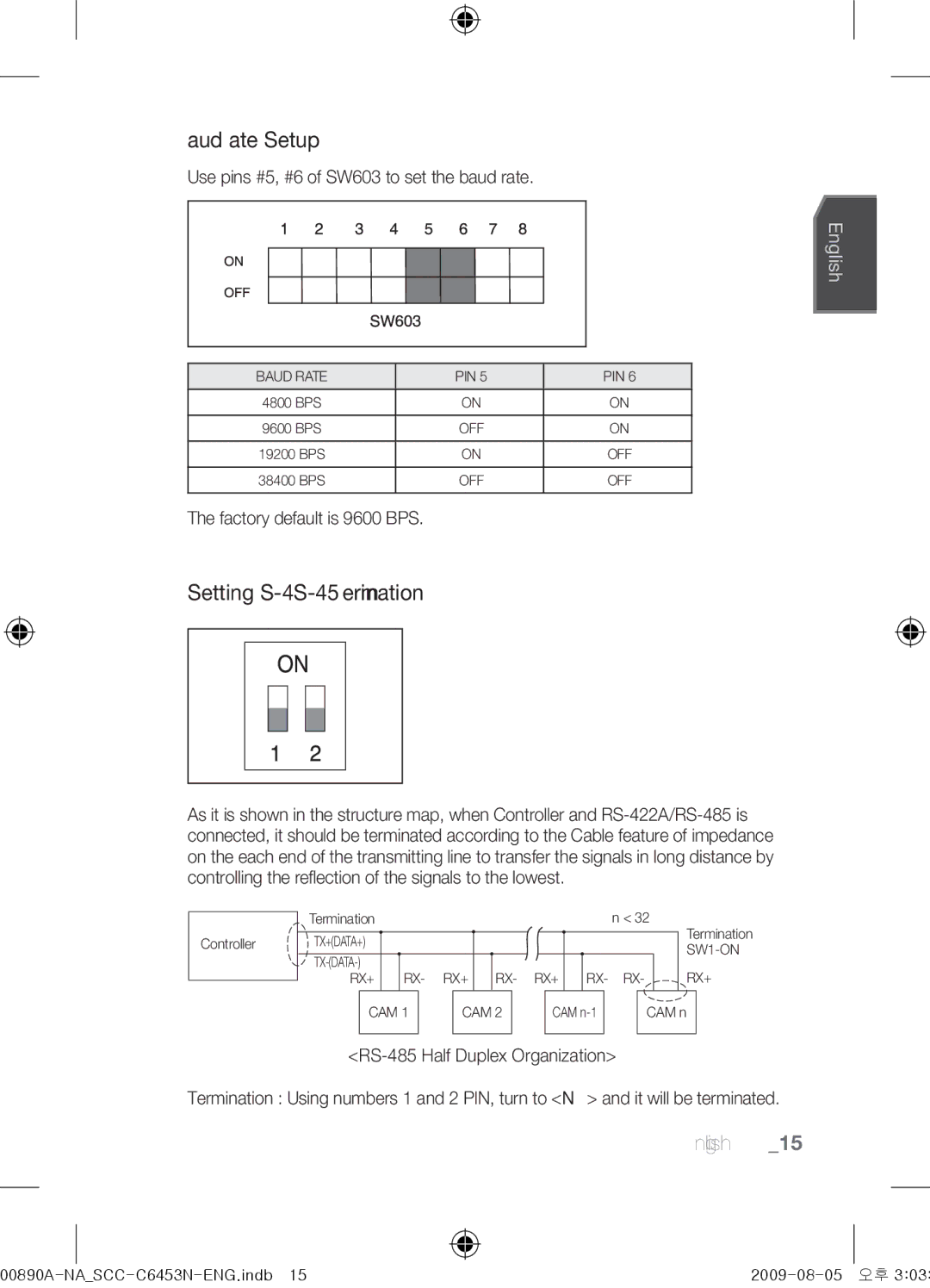 Samsung SCC-C6453N Baud Rate Setup, Setting RS-422A/RS-485 Termination, Use pins #5, #6 of SW603 to set the baud rate 