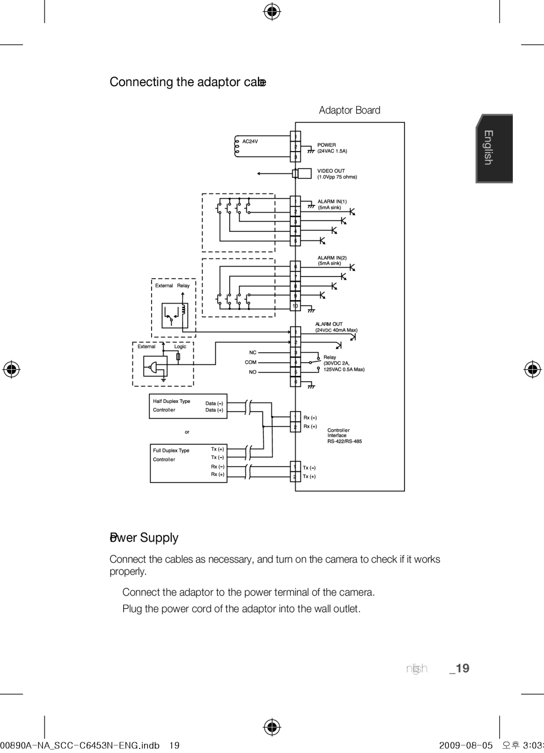 Samsung SCC-C6453N user manual Connecting the adaptor cable, Power Supply, Adaptor Board 