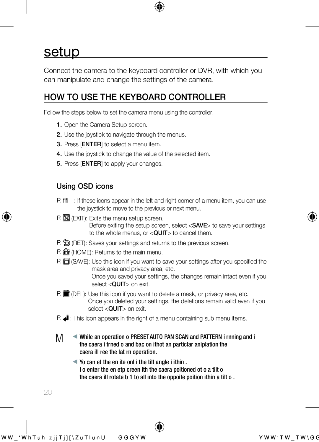 Samsung SCC-C6453N How to use the keyboard controller, Using OSD icons, Camera will resume the last run operation 