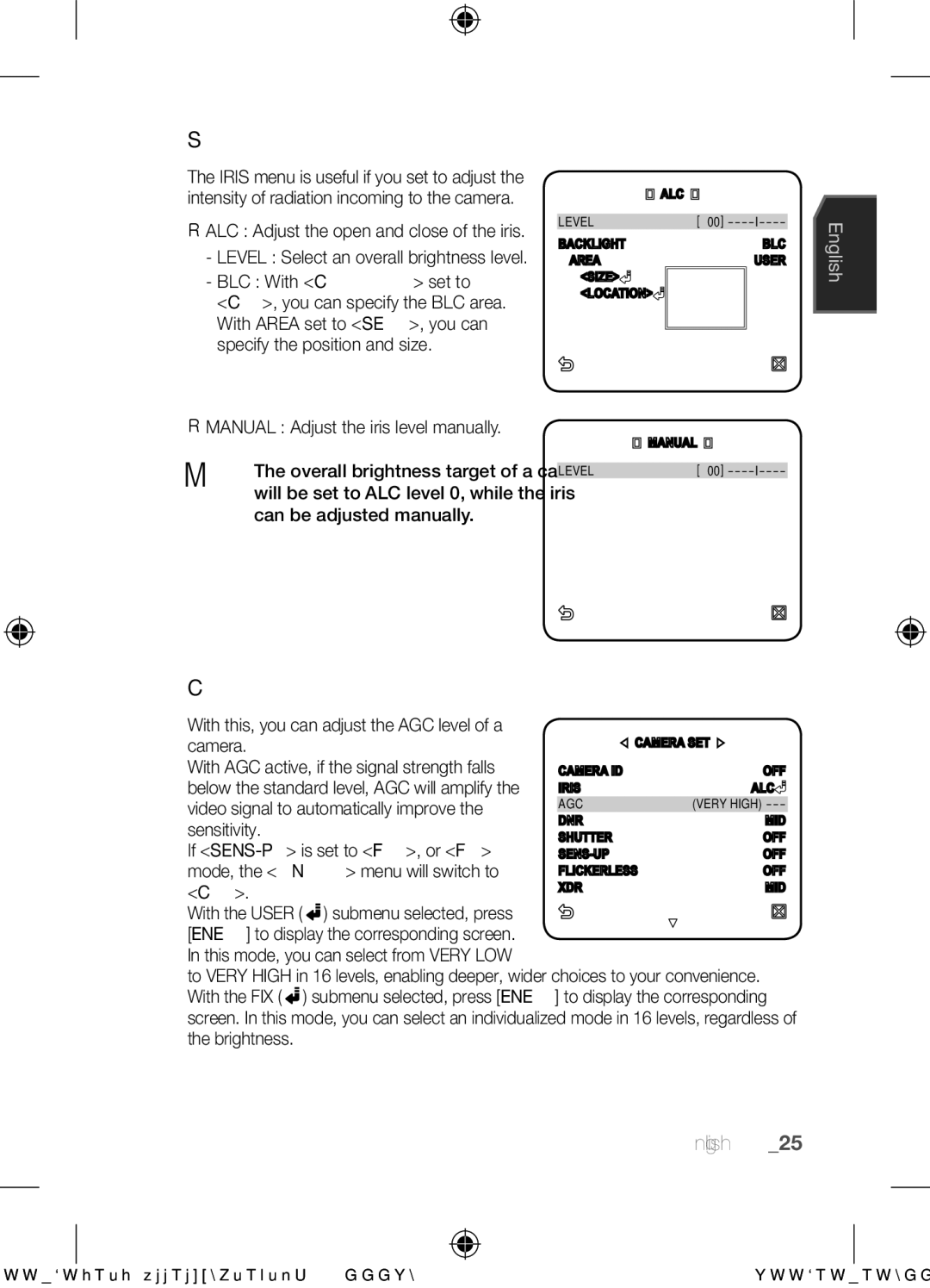 Samsung SCC-C6453N user manual Iris, Agc, BLC With Backlight set to,  Manual Adjust the iris level manually 