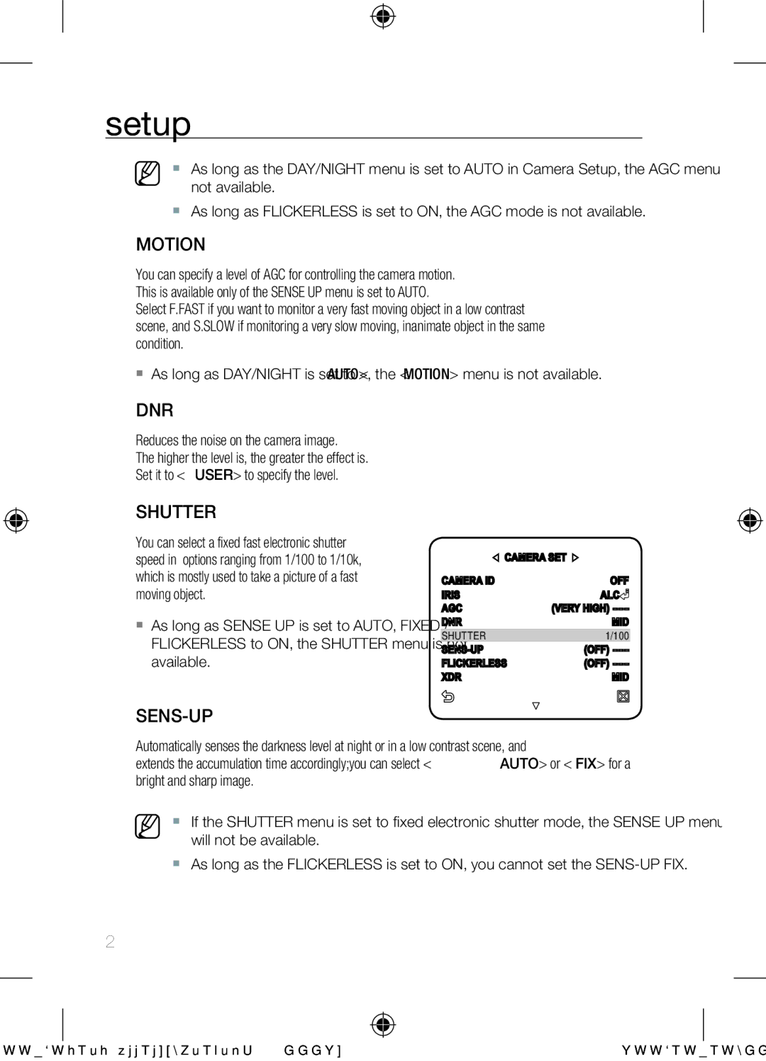 Samsung SCC-C6453N user manual Motion, Dnr, Shutter, Sens-Up, Will not be available 