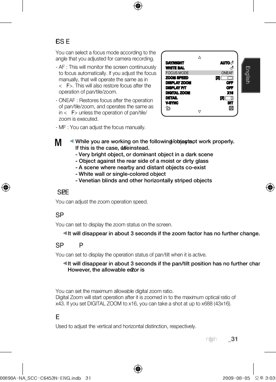 Samsung SCC-C6453N user manual Zoom Speed, Display Zoom, Display P/T, Digital Zoom, Detail 