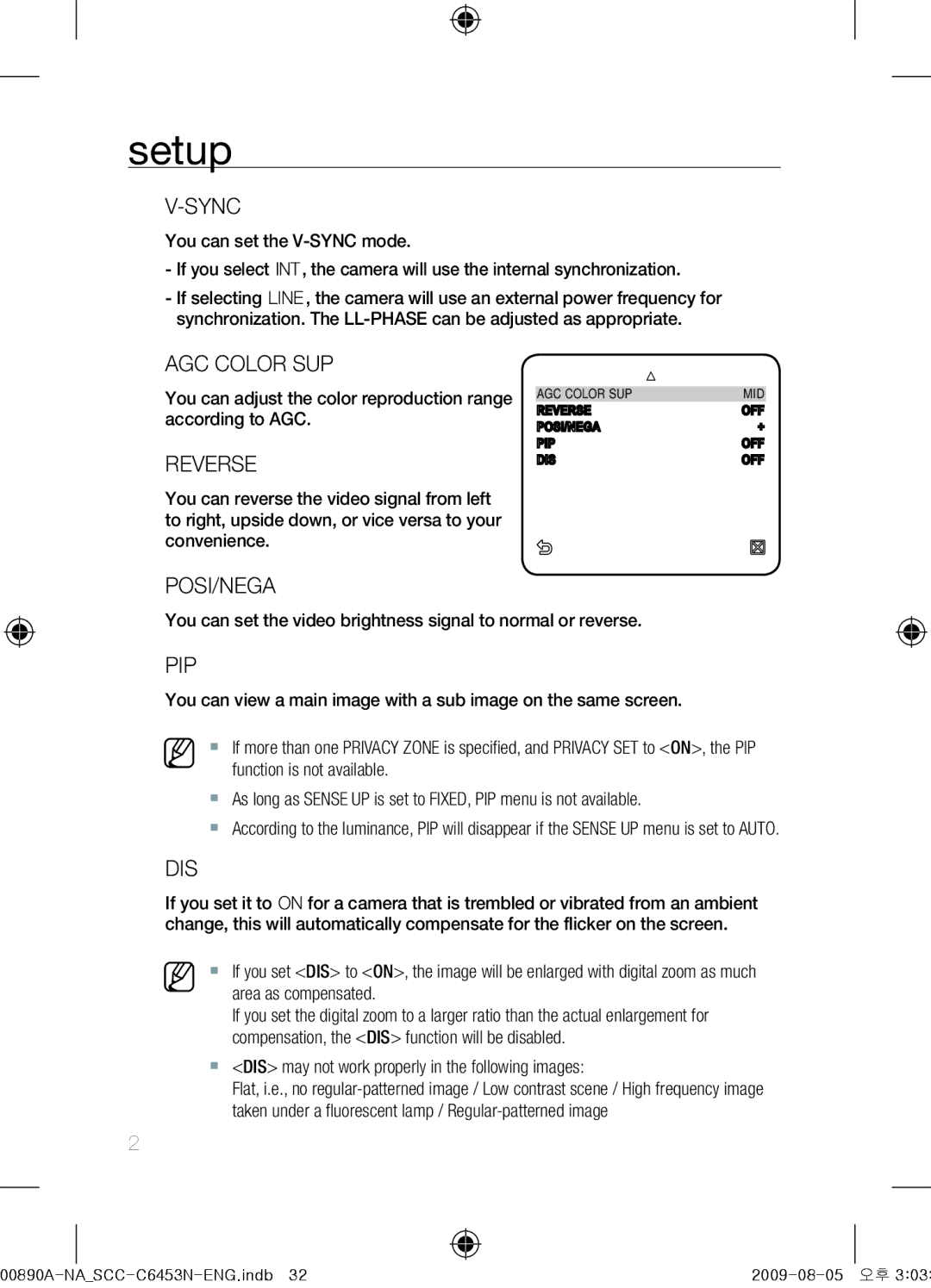 Samsung SCC-C6453N user manual Sync, AGC Color SUP, Reverse, Posi/Nega, Pip, Dis 