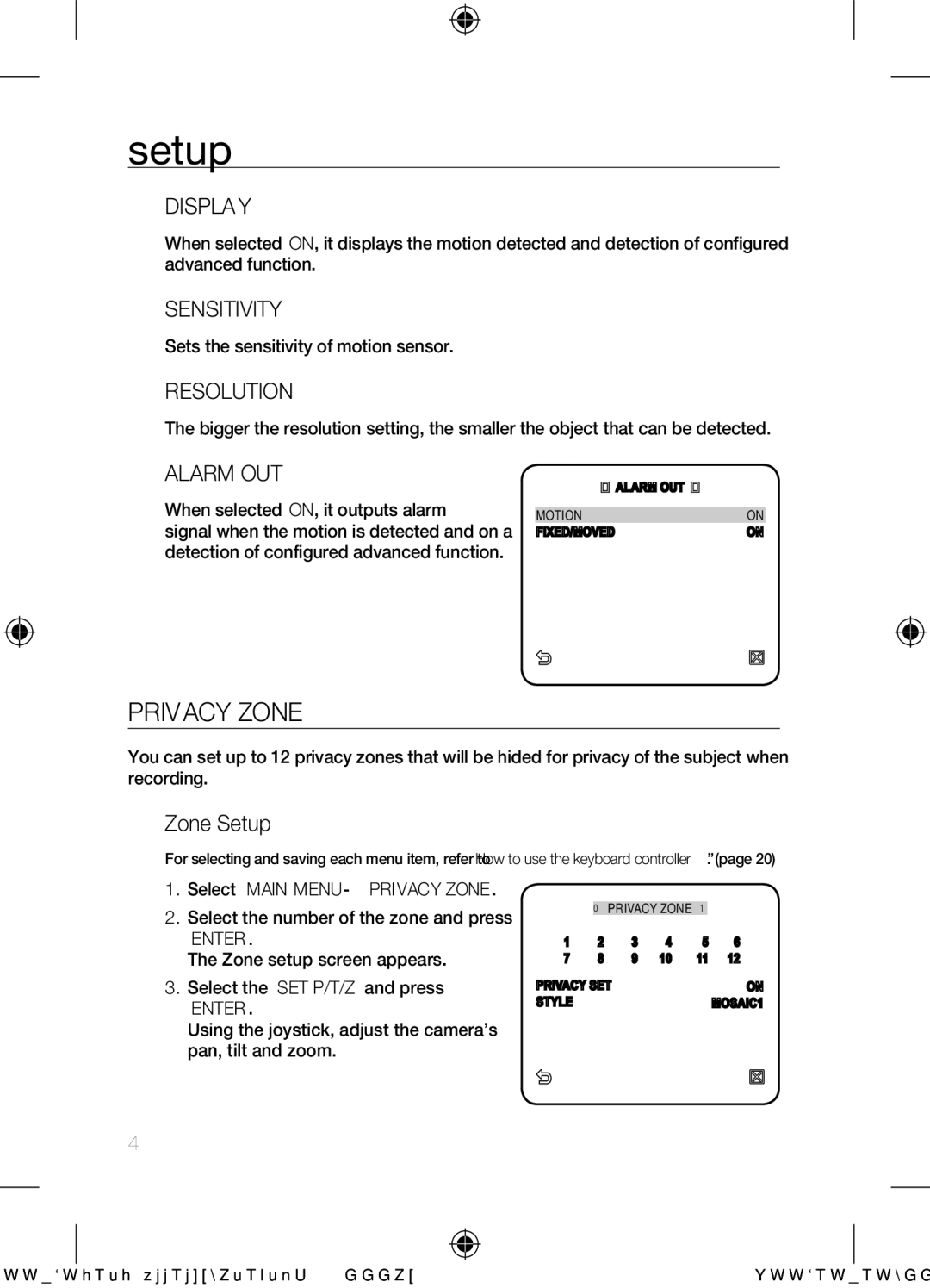 Samsung SCC-C6453N user manual Privacy Zone, Display, Sensitivity, Resolution, Alarm OUT 