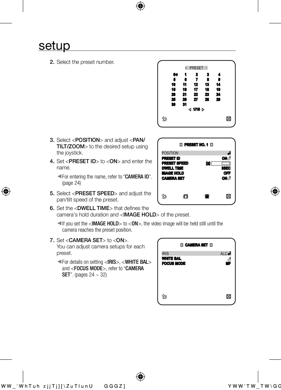 Samsung SCC-C6453N user manual Select the preset number, Select Position and adjust PAN 