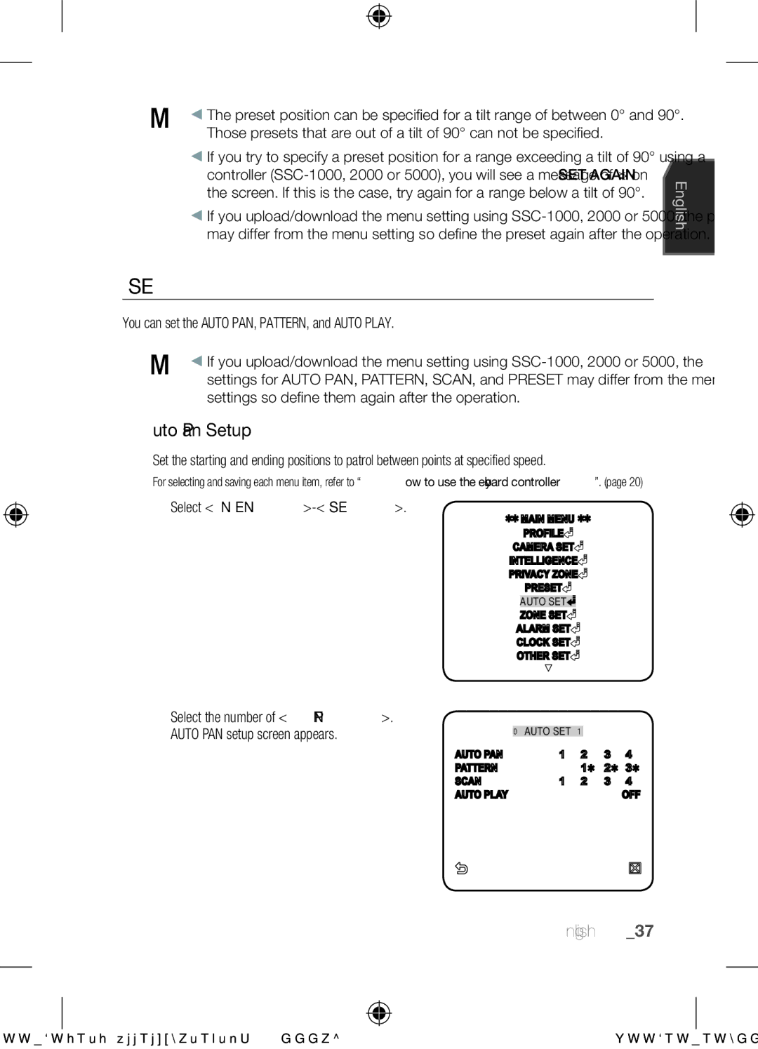 Samsung SCC-C6453N Auto SET, Auto Pan Setup, You can set the Auto PAN, PATTERN, and Auto Play, Select Main MENU-AUTO SET 