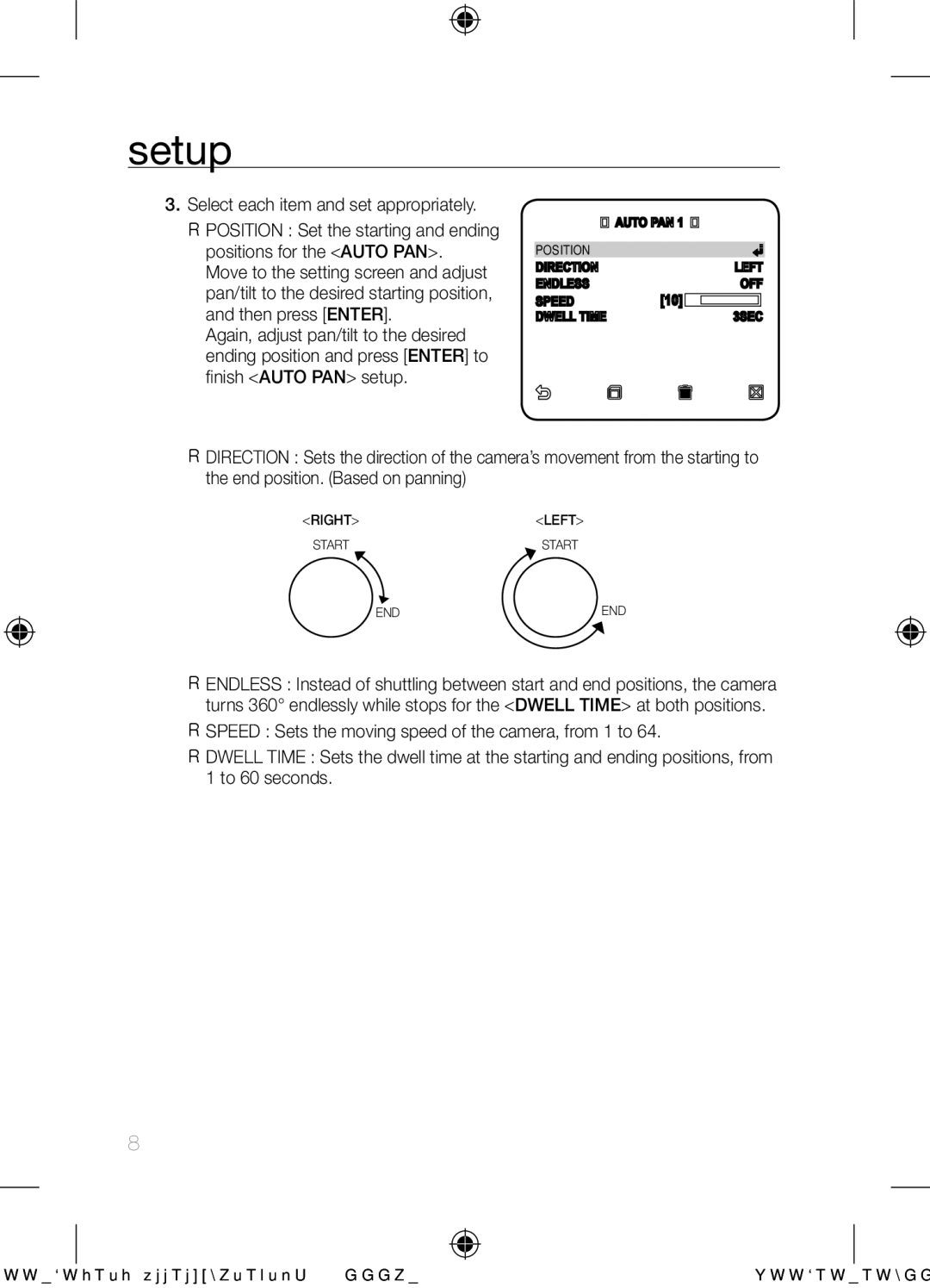 Samsung SCC-C6453N user manual Position Direction Left Endless OFF Speed 