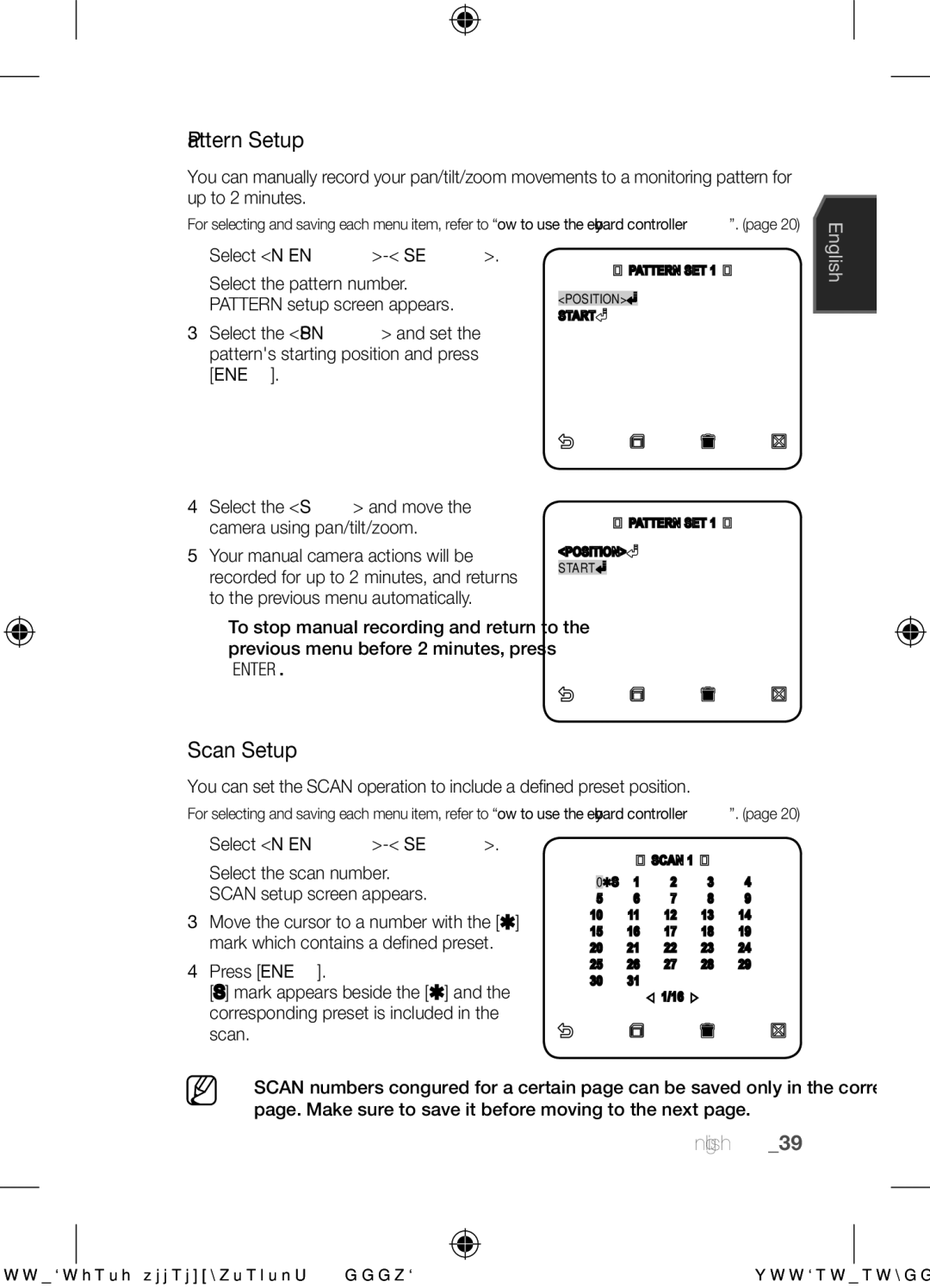 Samsung SCC-C6453N user manual Pattern Setup, Scan Setup, Select the Start and move the camera using pan/tilt/zoom 