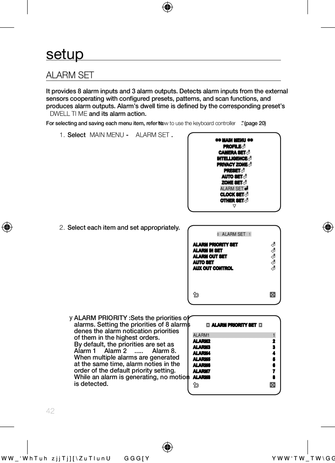 Samsung SCC-C6453N user manual Alarm SET, Select Main MENU-ALARM SET 